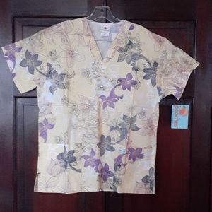 Peaches Scrubs Botanical Print Top NWT